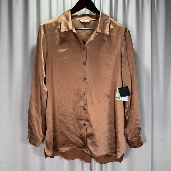 NWT John Mark Satin Woven Button Front Point Collar Long Sleeve Women's Size L - Picture 2 of 11